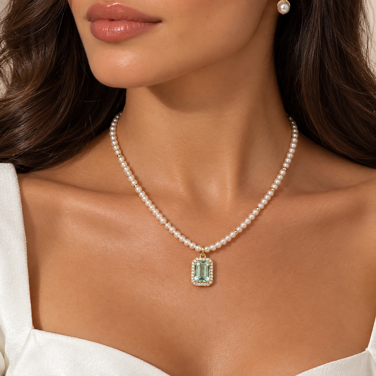 Elegant Faux Pearl & Emerald-Cut Green Stone Pendant Necklace