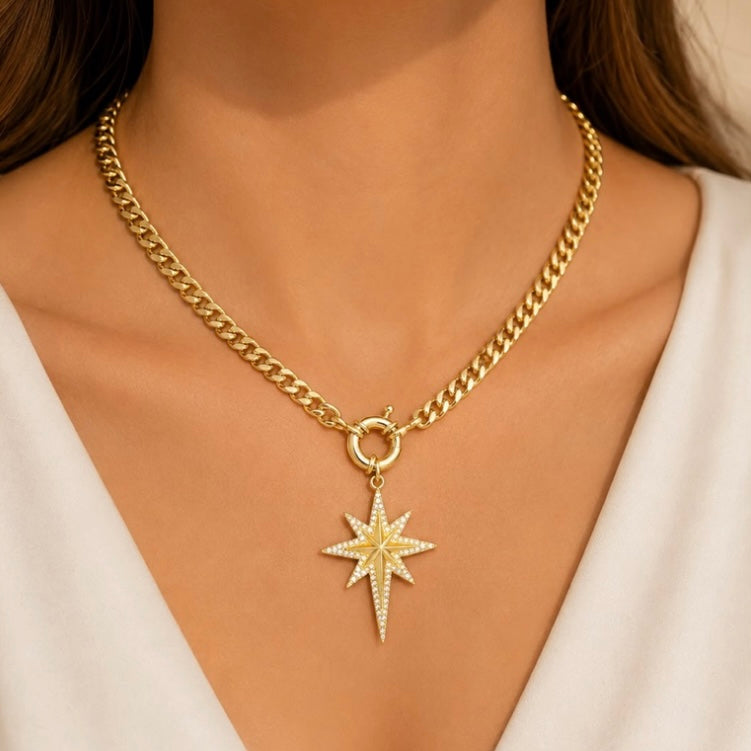 Gold-Tone Statement Link Necklace with Pave North Star Pendant and Front Clasp  