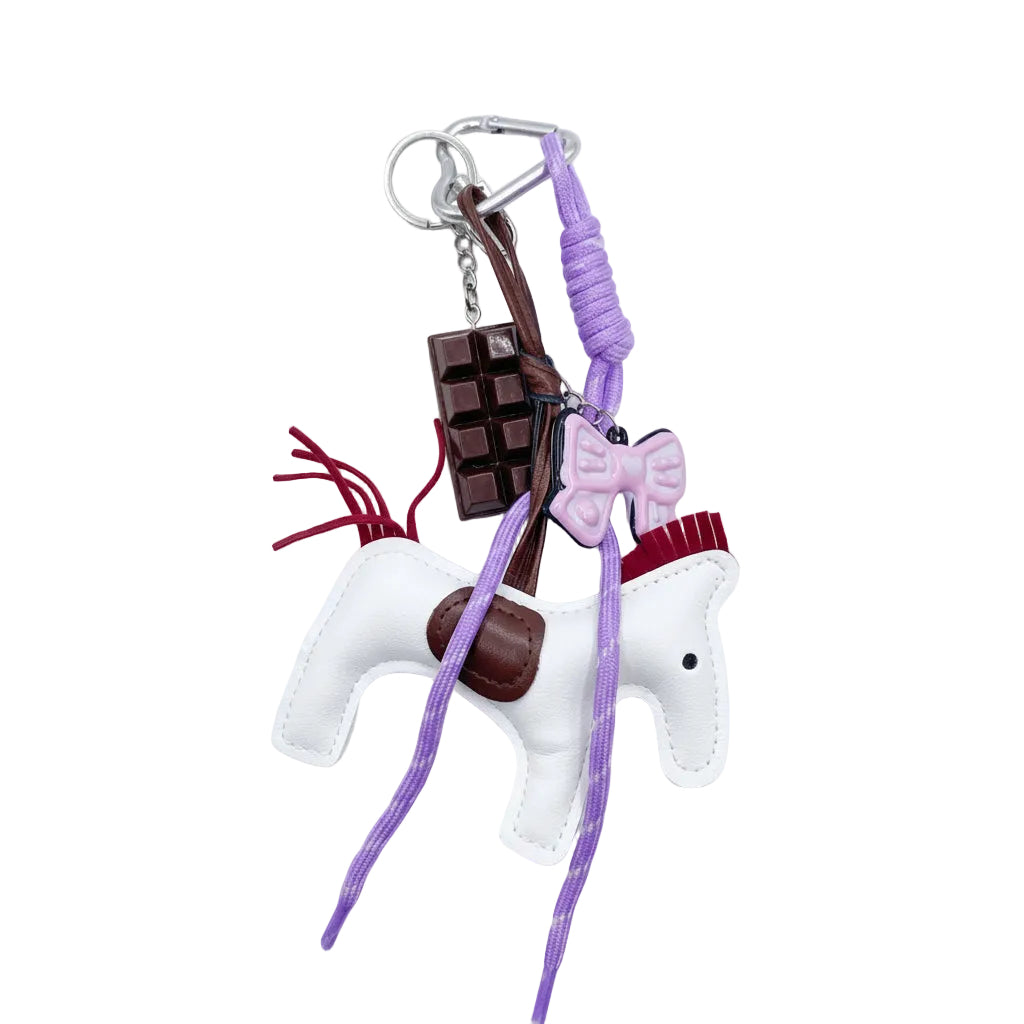 White Leather Horse Bag Charm with Chocolate & Bow Accents