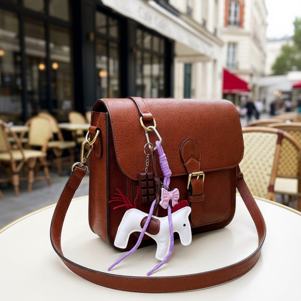 White Leather Horse Bag Charm with Chocolate & Bow Accents