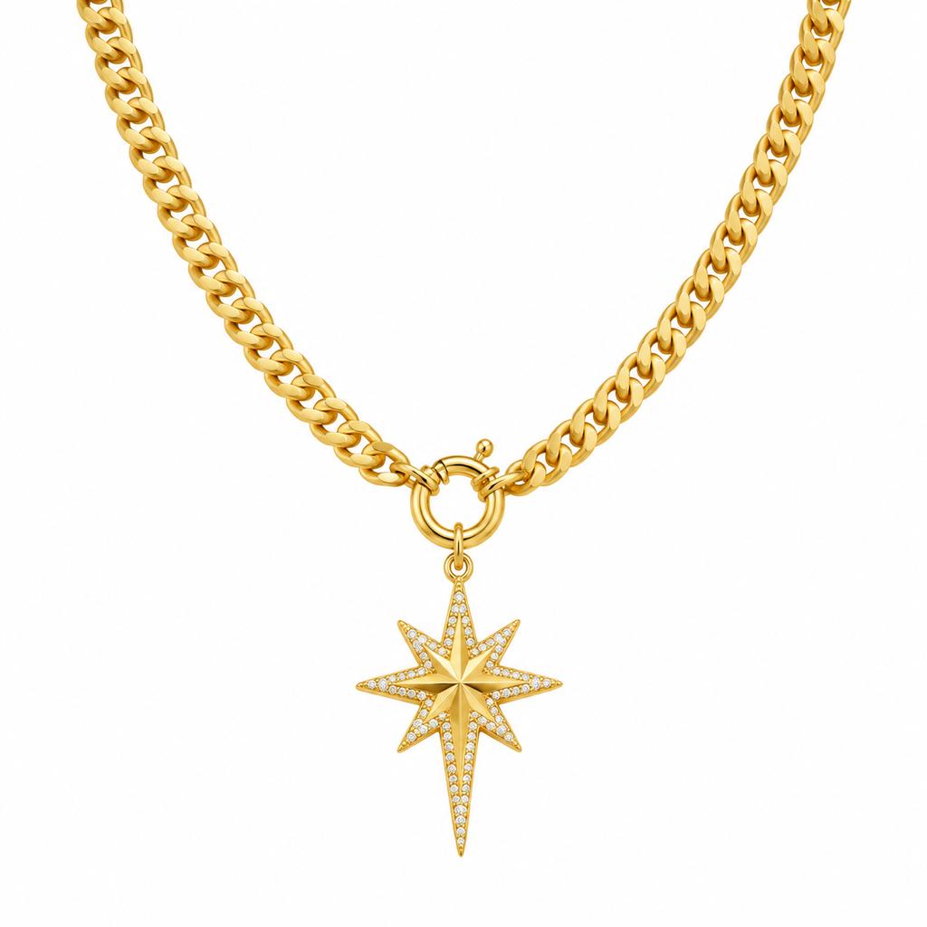 Gold-Tone Statement Link Necklace with Pave North Star Pendant and Front Clasp  