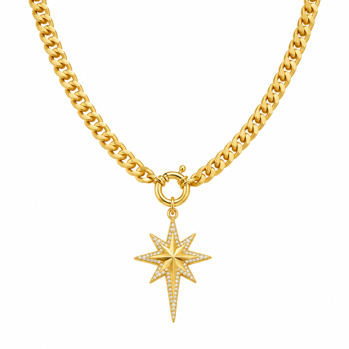 Gold-Tone Statement Link Necklace with Pave North Star Pendant and Front Clasp  