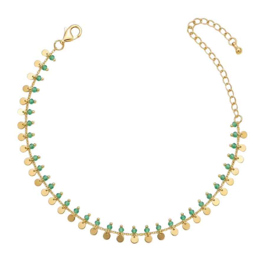 Emerald Green Beaded Coin Drop Anklet
