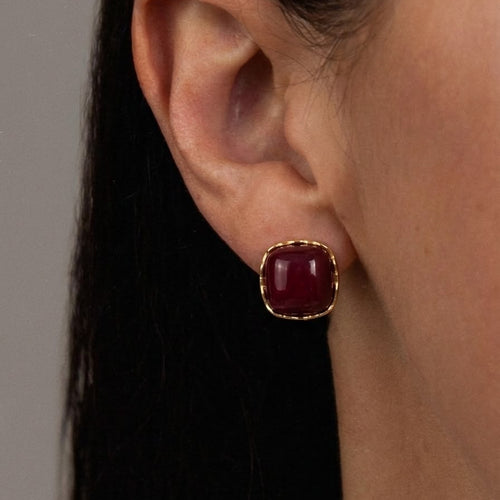 Deep Burgundy Cushion Cut Gemstone Stud Earrings – Vintage Gold Square Studs