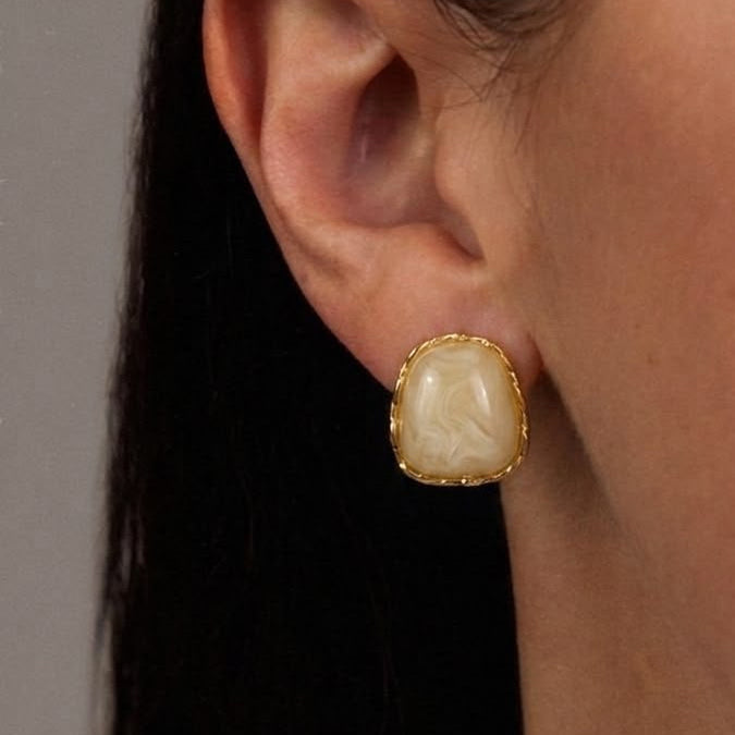 Cream Milky Resin Cushion Stud Earrings – Vintage Gold Frame Studs