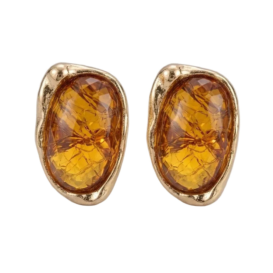 Golden Amber Faceted Crystal Gold Stud Earrings