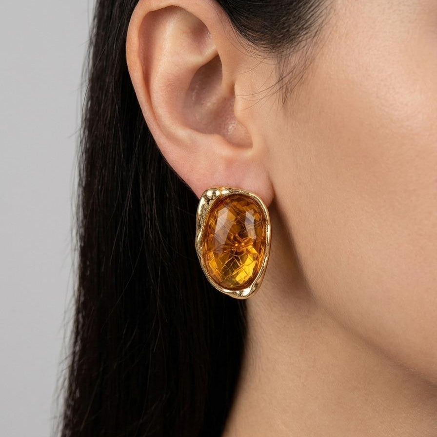 Golden Amber Faceted Crystal Gold Stud Earrings