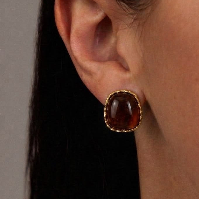 Deep Amber Glass Cushion Stud Earrings