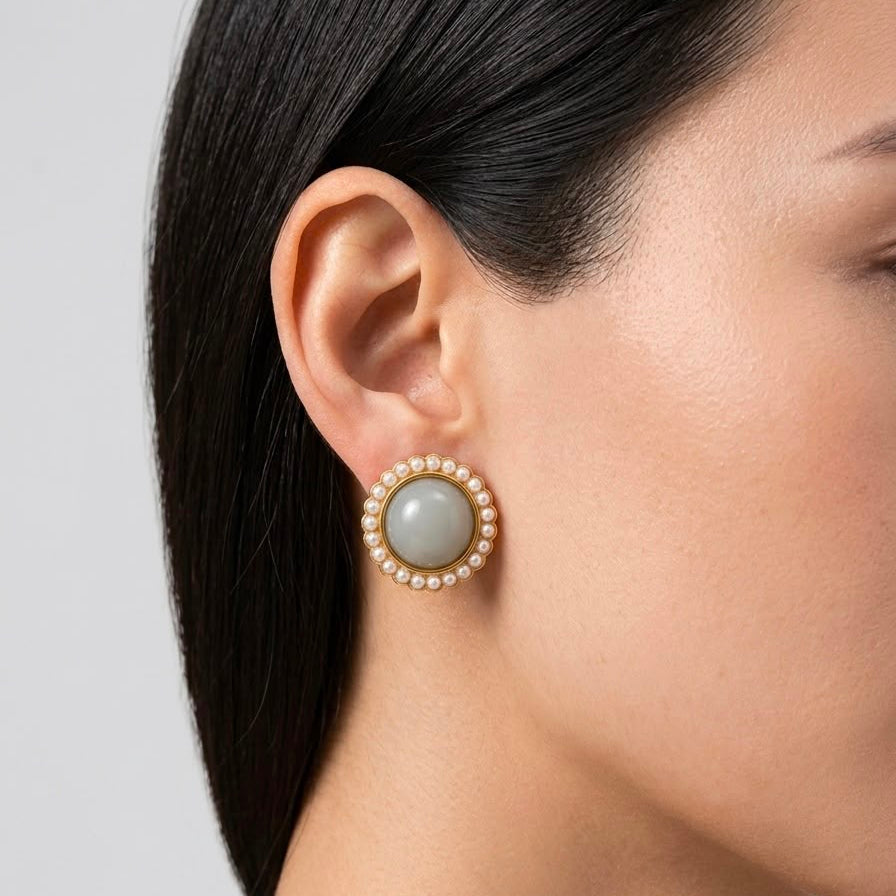 Pearl Framed Grey Gem Statement Studs
