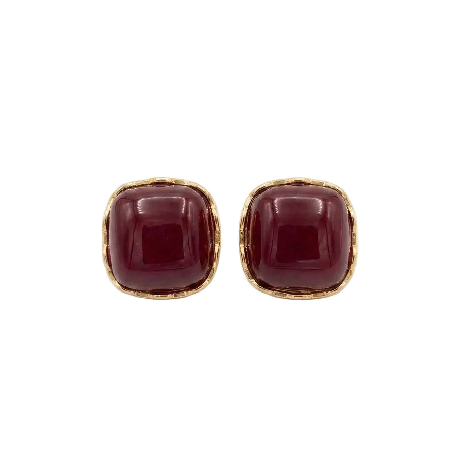 Deep Burgundy Cushion Cut Gemstone Stud Earrings – Vintage Gold Square Studs