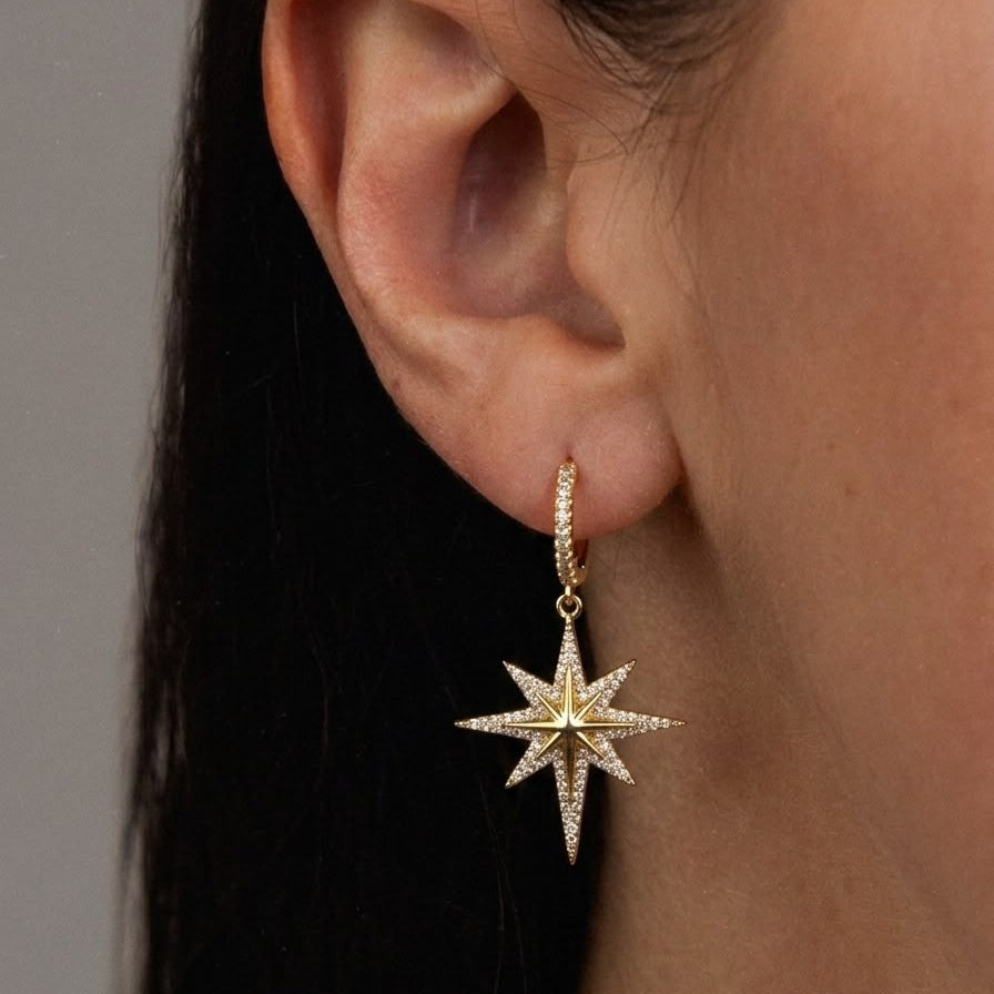 Crystal North Star Drop Hoop Earrings