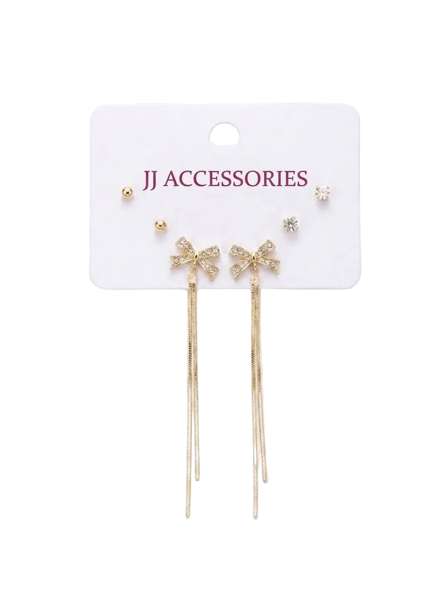 Gold Crystal Ribbon Bow Tassel Earrings