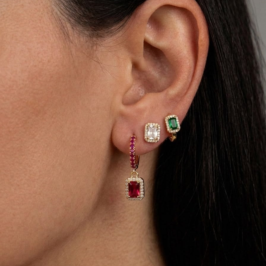 Emerald & Ruby Rectangle Crystal Huggie Hoops