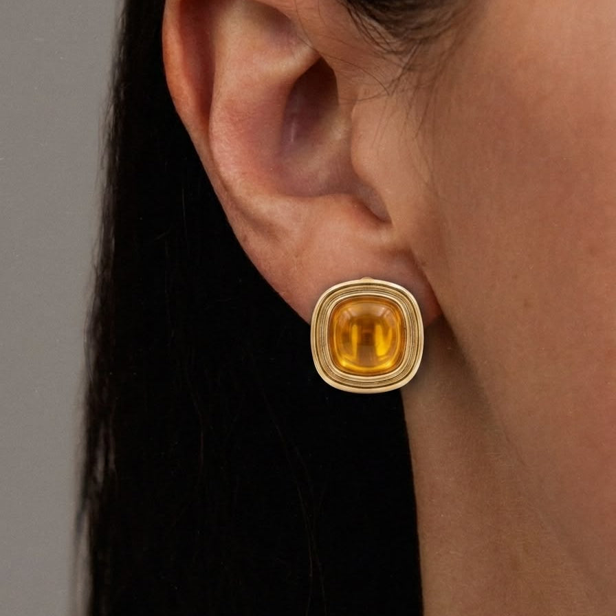 Honey Gold Cushion Cut Gemstone Stud Earrings – Vintage Amber Square Studs
