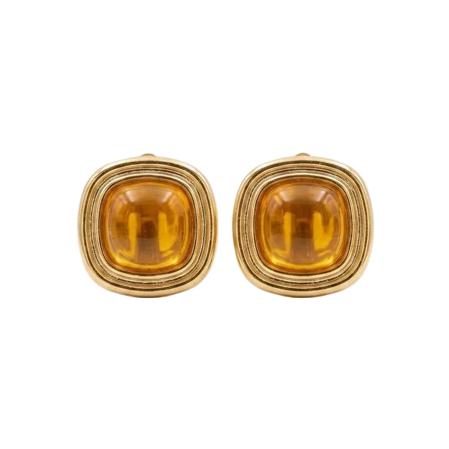 Honey Gold Cushion Cut Gemstone Stud Earrings – Vintage Amber Square Studs