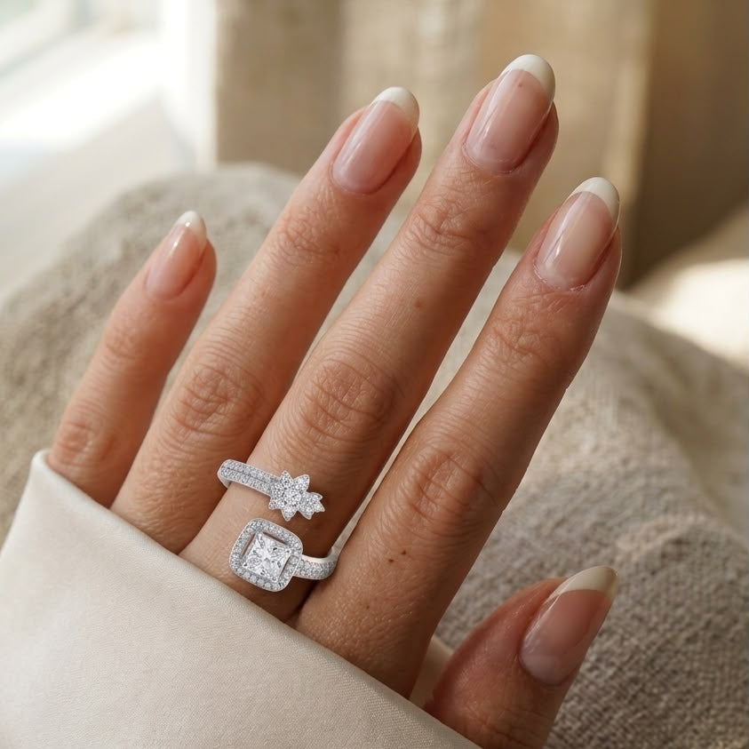 Silver Floral & Square Open Statement Ring