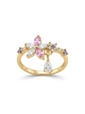 Gold Pink Flower Dangle Crystal Ring