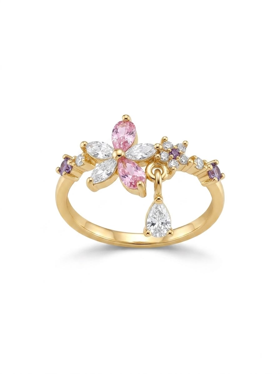 Gold Pink Flower Dangle Crystal Ring