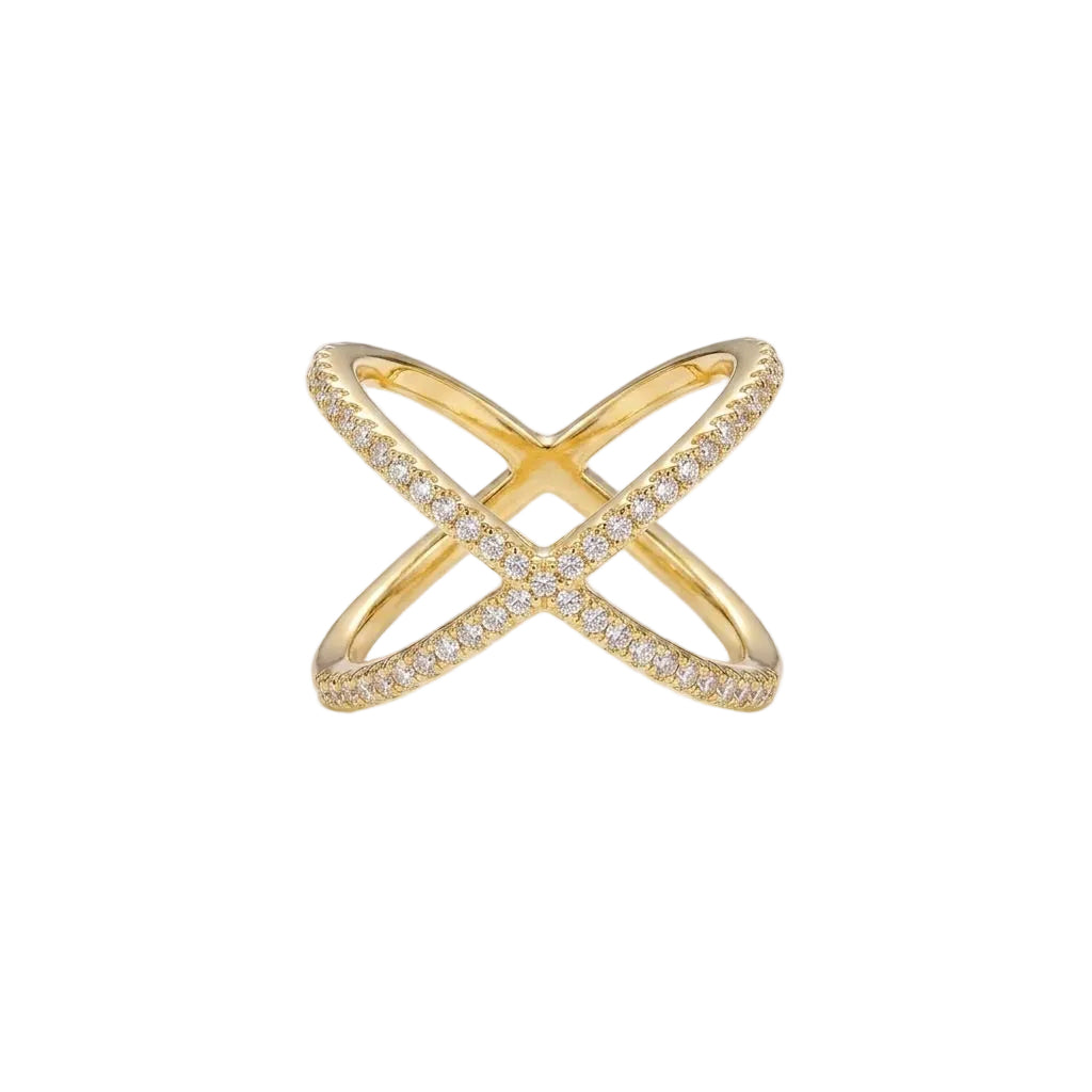Elegant Pave Crystal X Ring – Geometric Gold Band