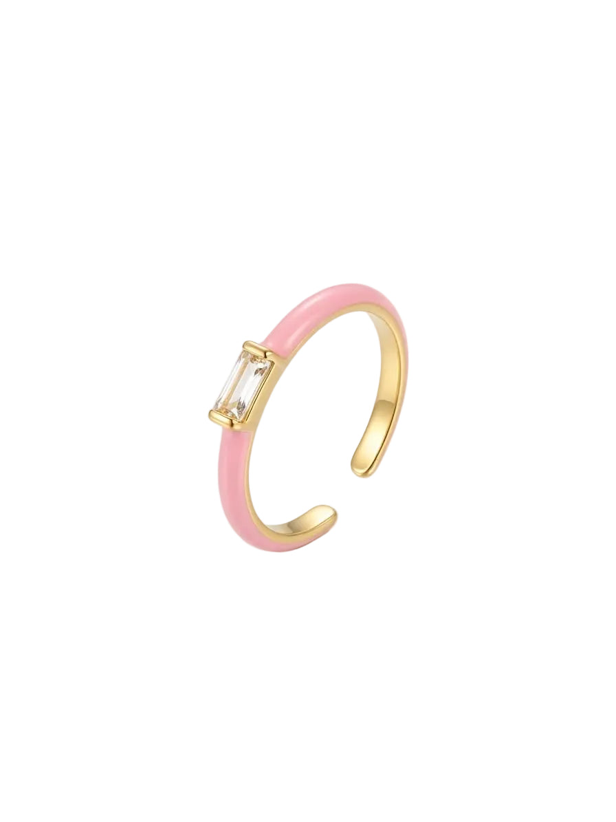 Enamel Baguette Crystal Ring – Gold & Pastel Pink Minimalist Stacking Band