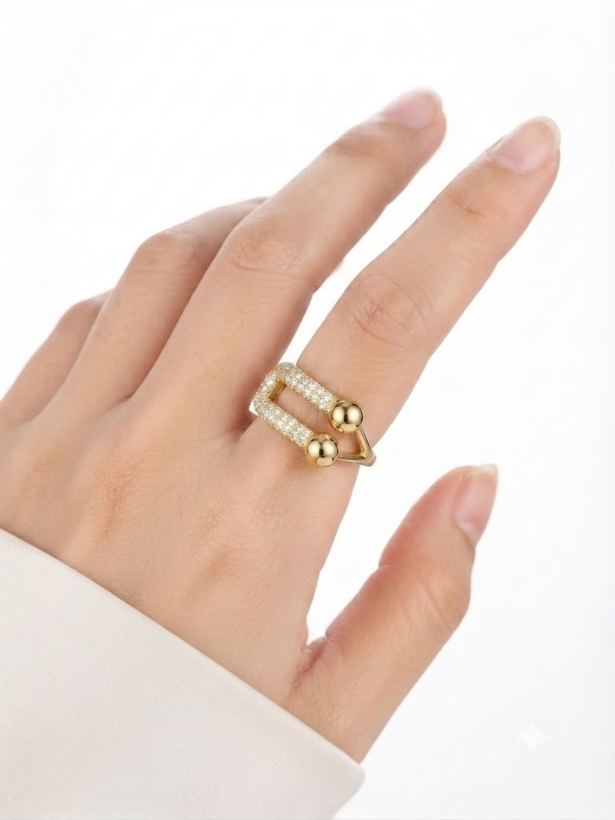Luxe Pavilion Pave & Sphere Gold Statement Ring
