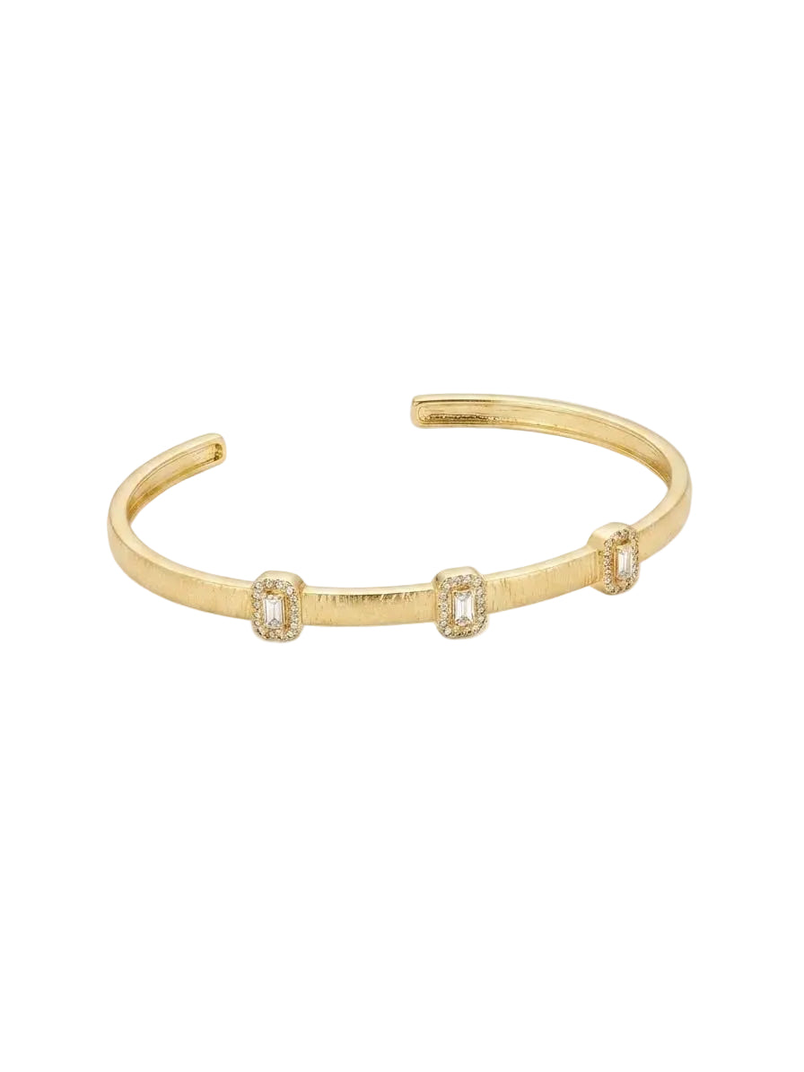 Gold Cuff Bracelet with Emerald-Cut Crystal Stations – Elegant Textured Bangle