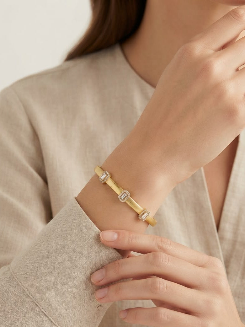 Gold Cuff Bracelet with Emerald-Cut Crystal Stations – Elegant Textured Bangle