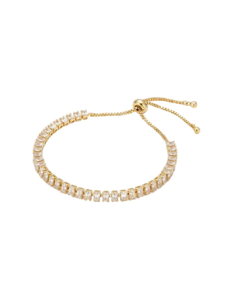 Gold-Plated Baguette-Cut Cubic Zirconia Adjustable Tennis Bracelet