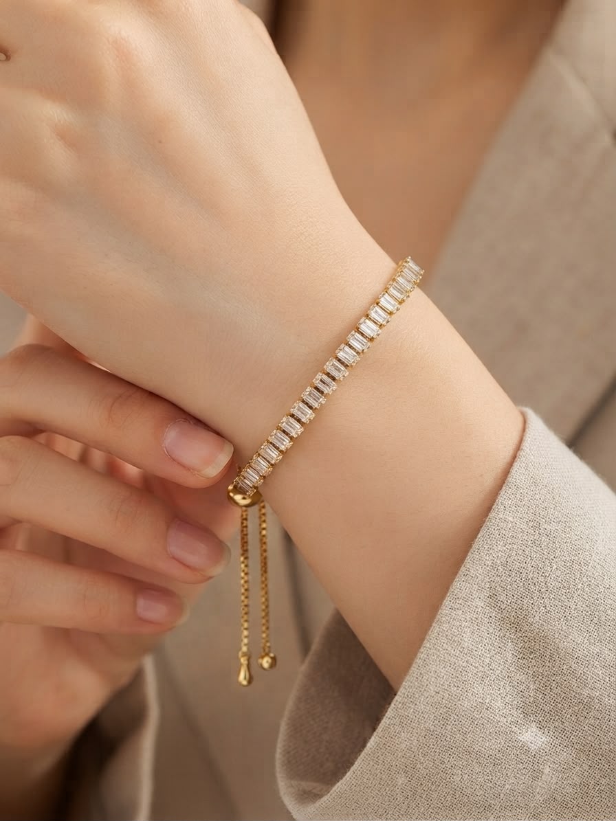 Gold-Plated Baguette-Cut Cubic Zirconia Adjustable Tennis Bracelet