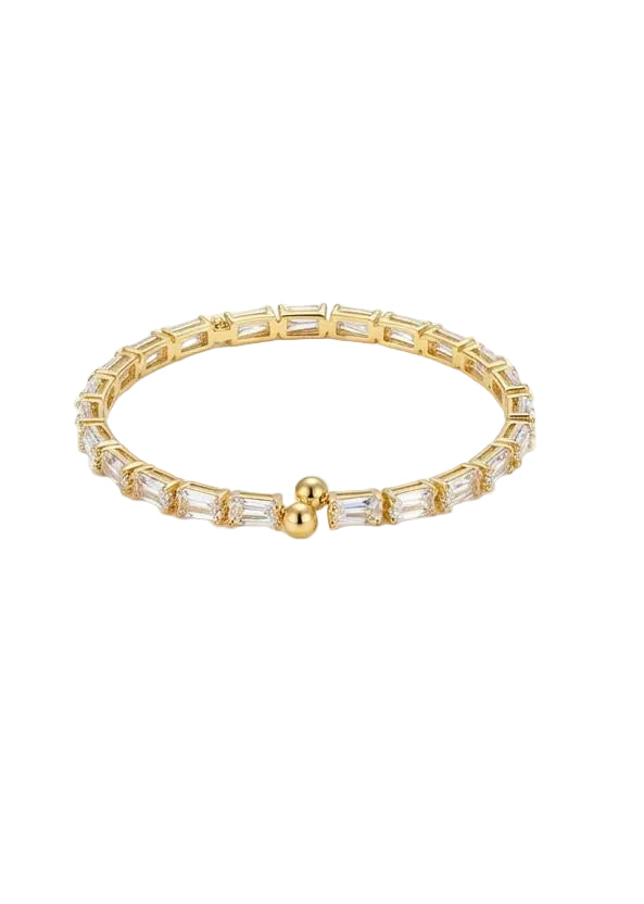 Gold-Plated Baguette-Cut Cubic Zirconia Adjustable Bangle Bracelet
