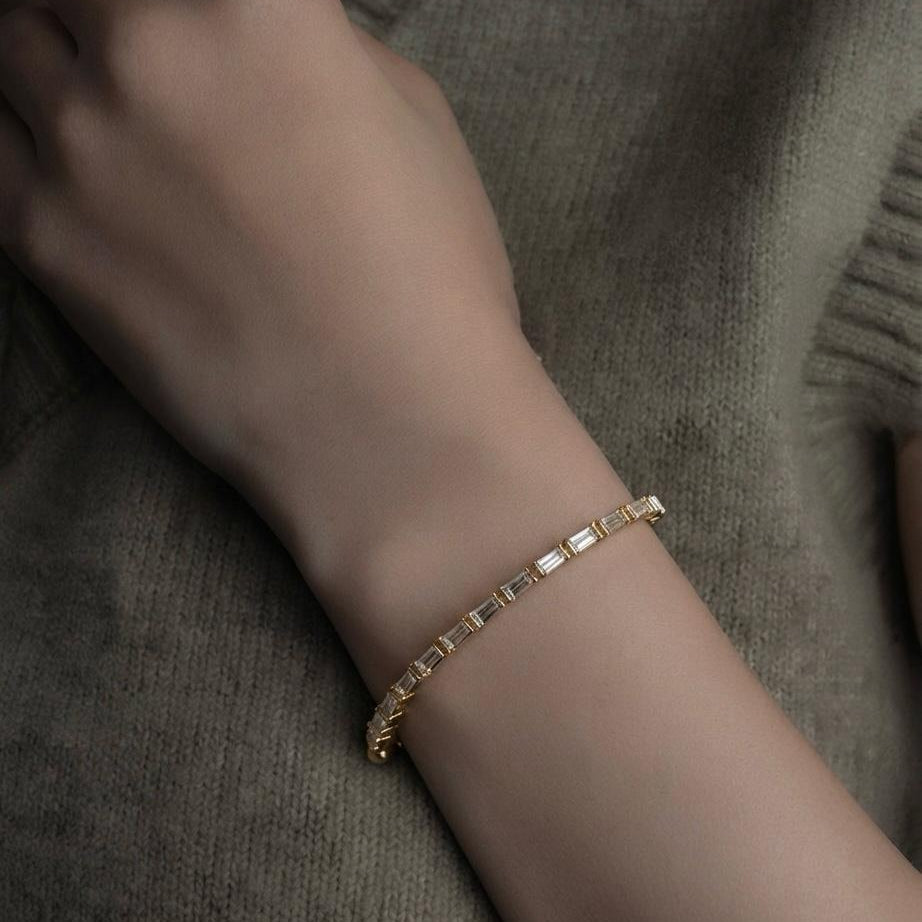 Gold-Plated Baguette-Cut Cubic Zirconia Adjustable Bangle Bracelet
