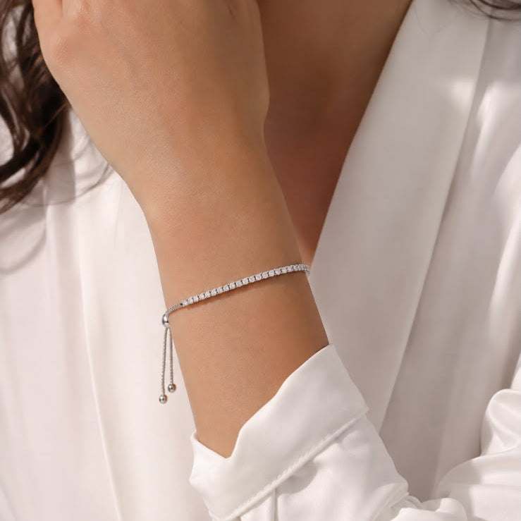 Silver-Tone Round Cubic Zirconia Adjustable Bolo Tennis Bracelet