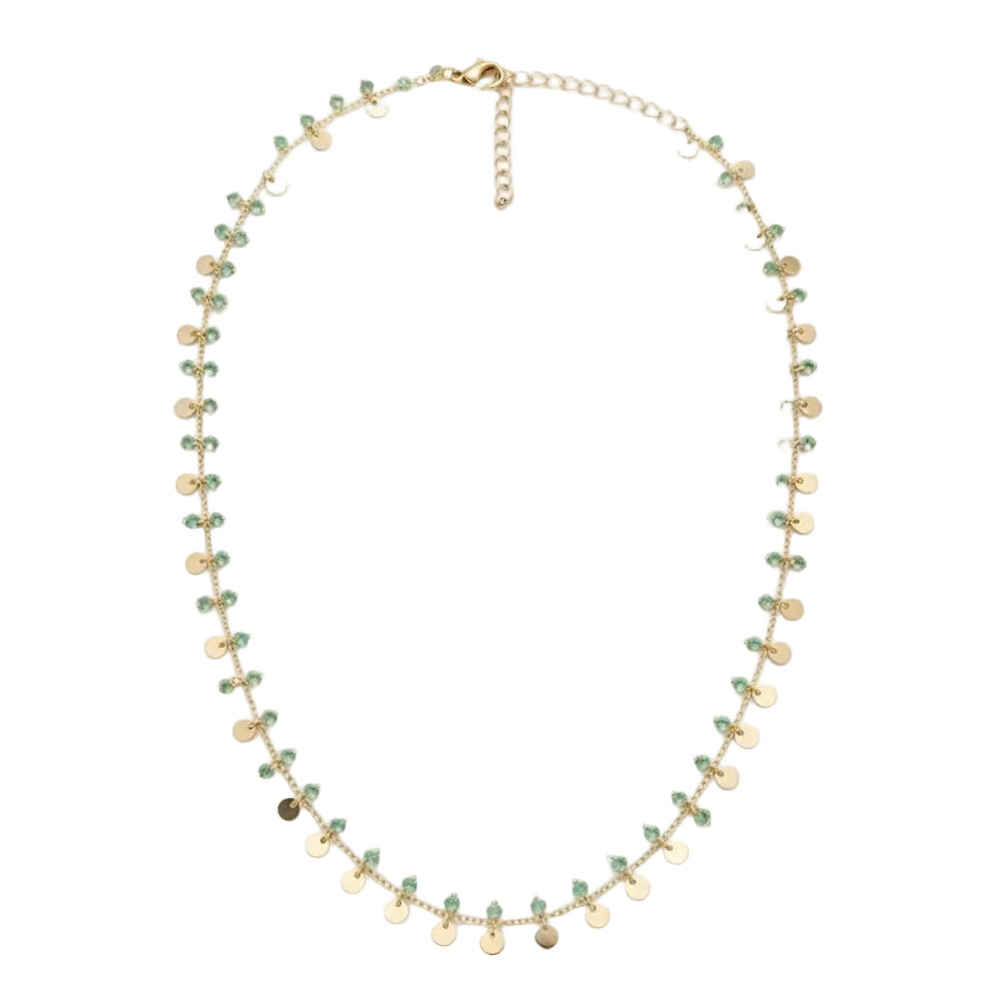 Gold Disc & Green Beaded Dainty Choker Necklace