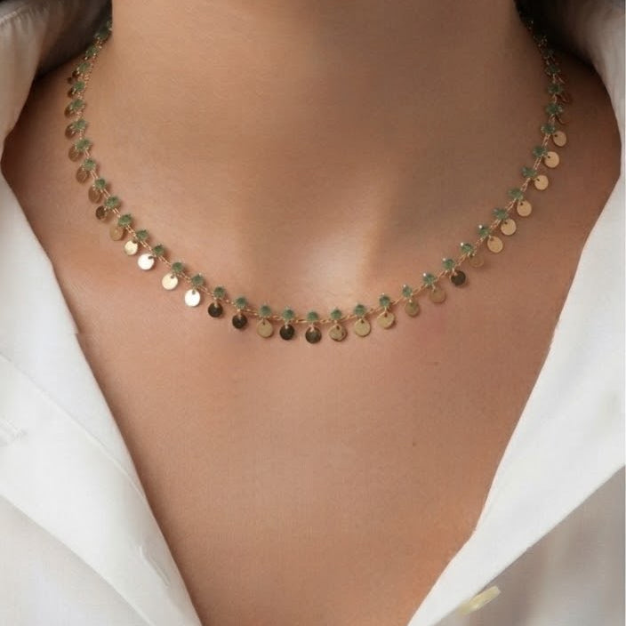 Gold Disc & Green Beaded Dainty Choker Necklace
