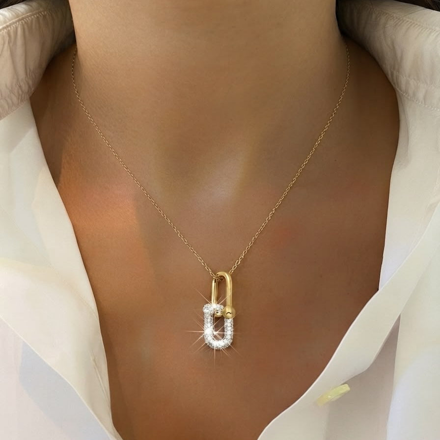 Modern Gold-Tone Lock Pendant Link Necklace