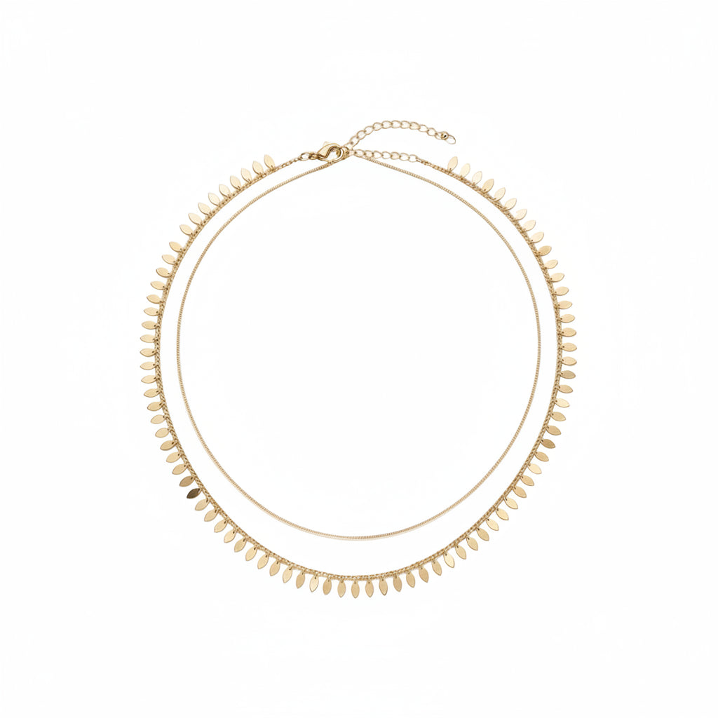 Layered Gold Chain Necklace with Dainty Leaf Sequin