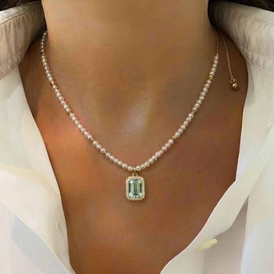 Elegant Faux Pearl & Emerald-Cut Green Stone Pendant Necklace