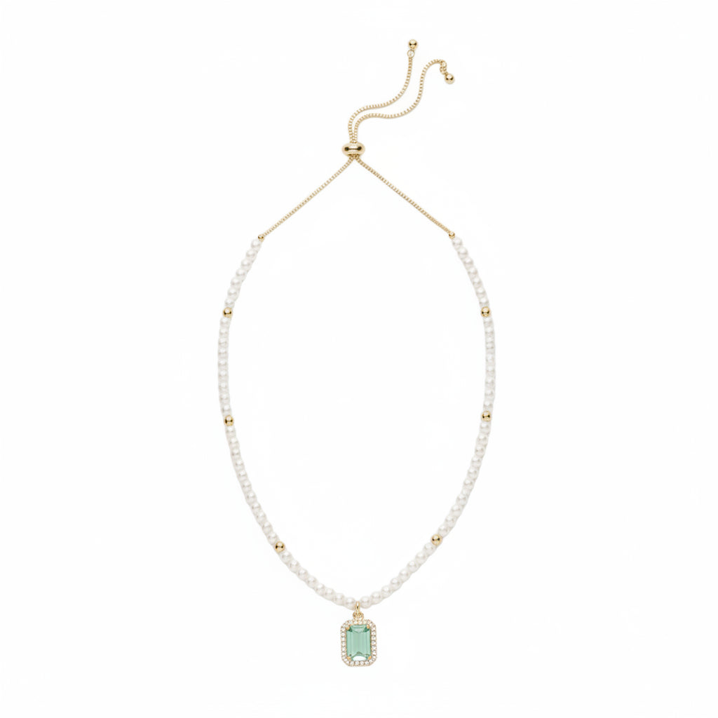 Elegant Faux Pearl & Emerald-Cut Green Stone Pendant Necklace
