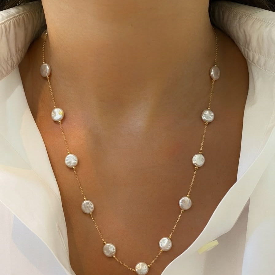 Gold-Tone Chain Necklace with Flat Baroque Coin Pearls