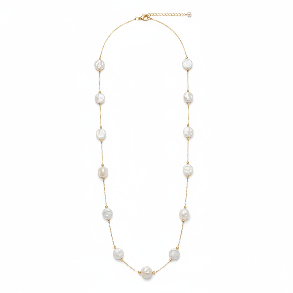 Gold-Tone Chain Necklace with Flat Baroque Coin Pearls