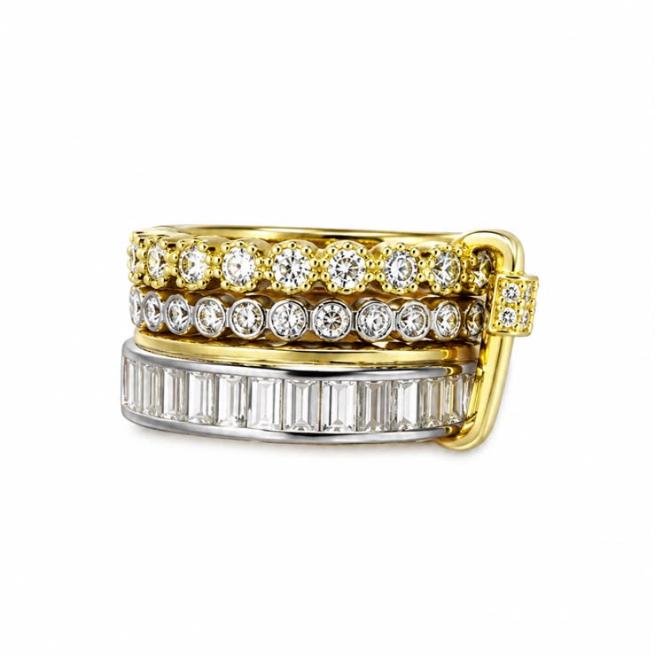 Gold & Silver Triple-Layer Diamond-Simulant Ring Set
