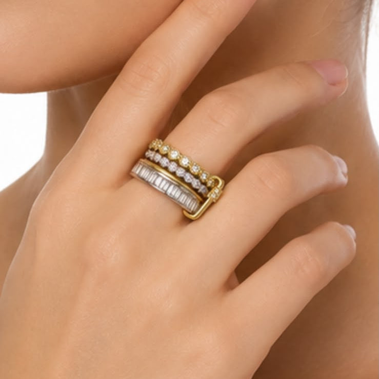 Gold & Silver Triple-Layer Diamond-Simulant Ring Set