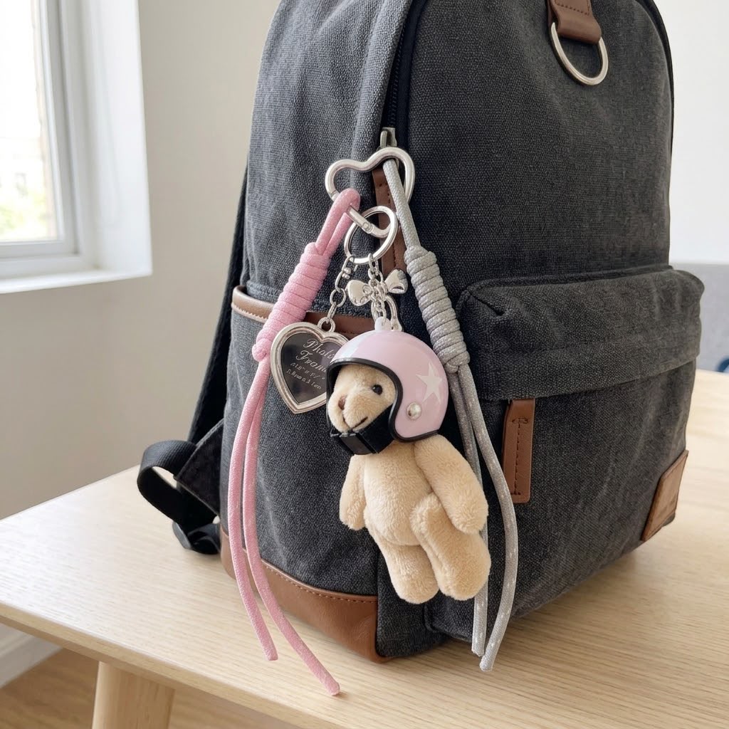 Plush Helmet Teddy Bear Keychain with Heart Frame Accent