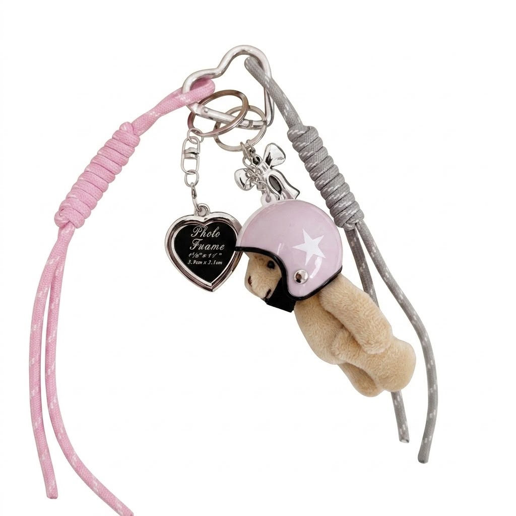 Plush Helmet Teddy Bear Keychain with Heart Frame Accent