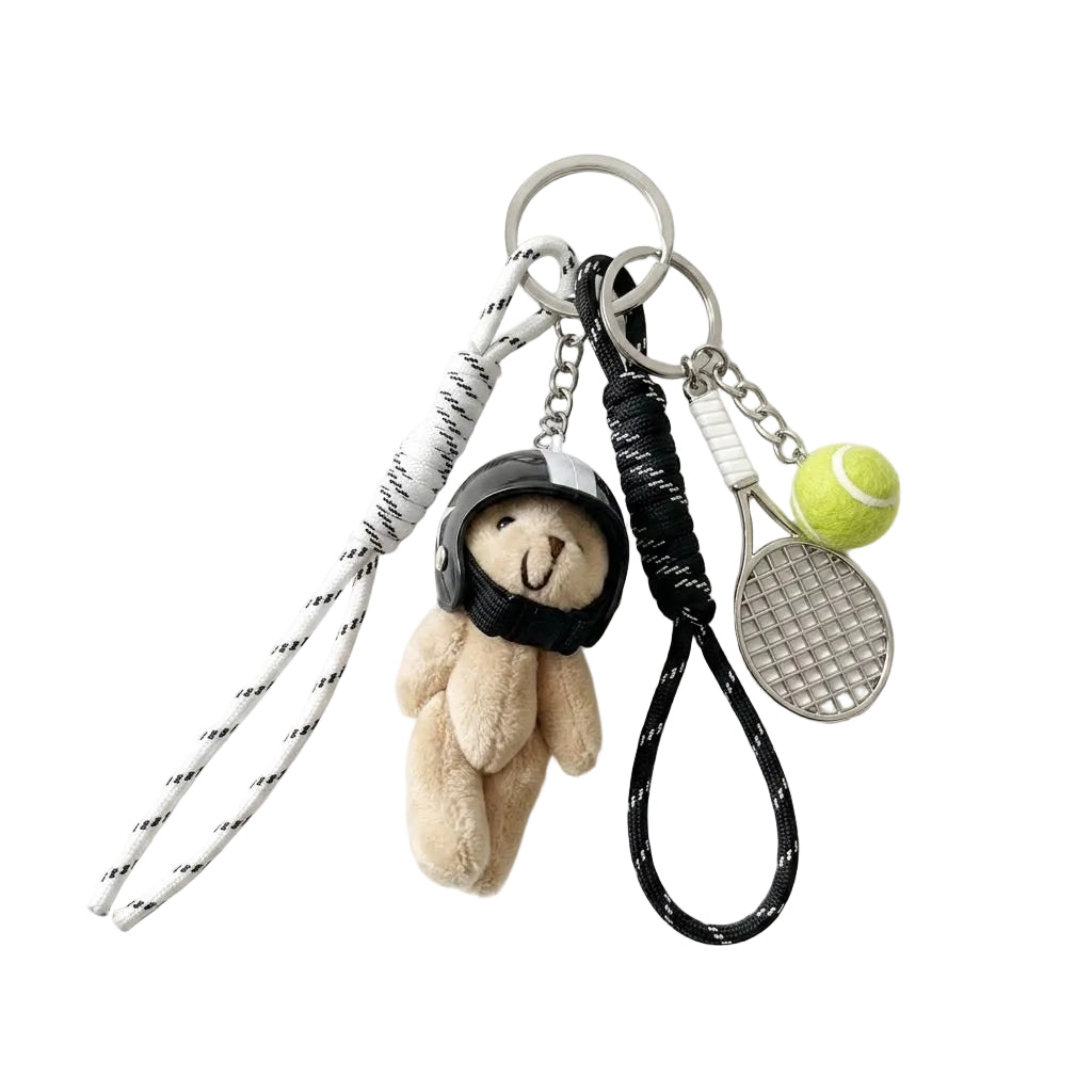 Sporty Biker Bear &amp; Tennis Racket Keychain Bag Charm