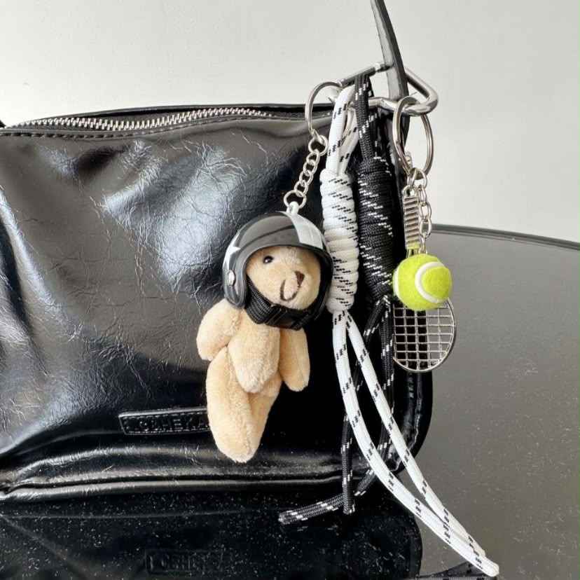 Sporty Biker Bear &amp; Tennis Racket Keychain Bag Charm