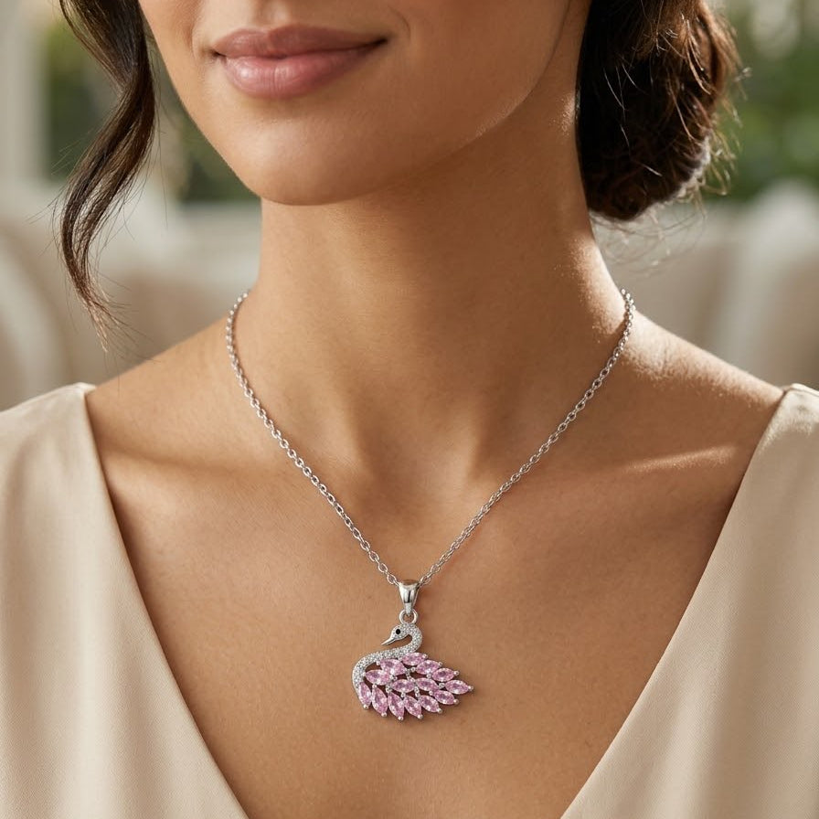 Sparkling Pink CZ Swan Pendant Necklace &nbsp;