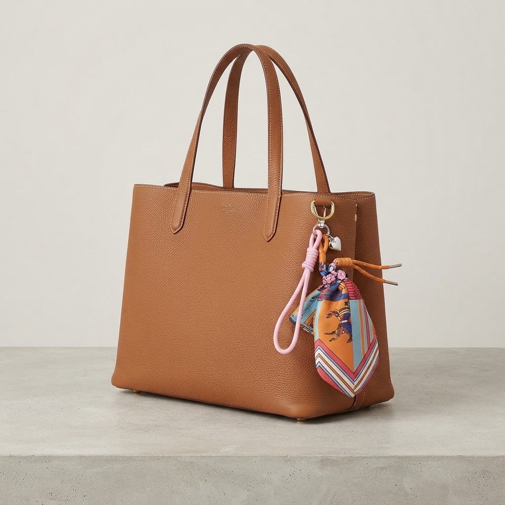 Printed Silk Scarf Bag Charm with Heart Pendant &nbsp;