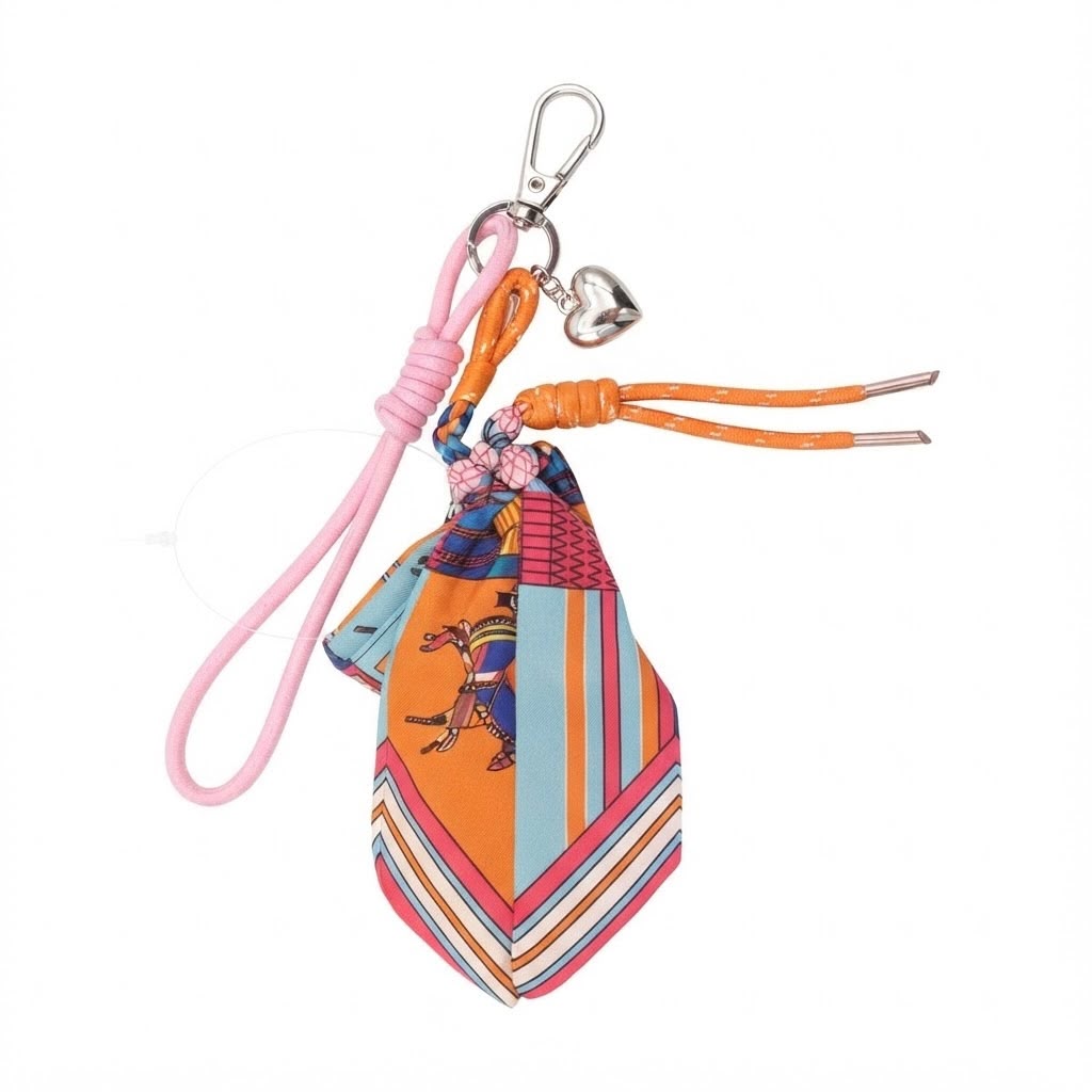 Printed Silk Scarf Bag Charm with Heart Pendant &nbsp;