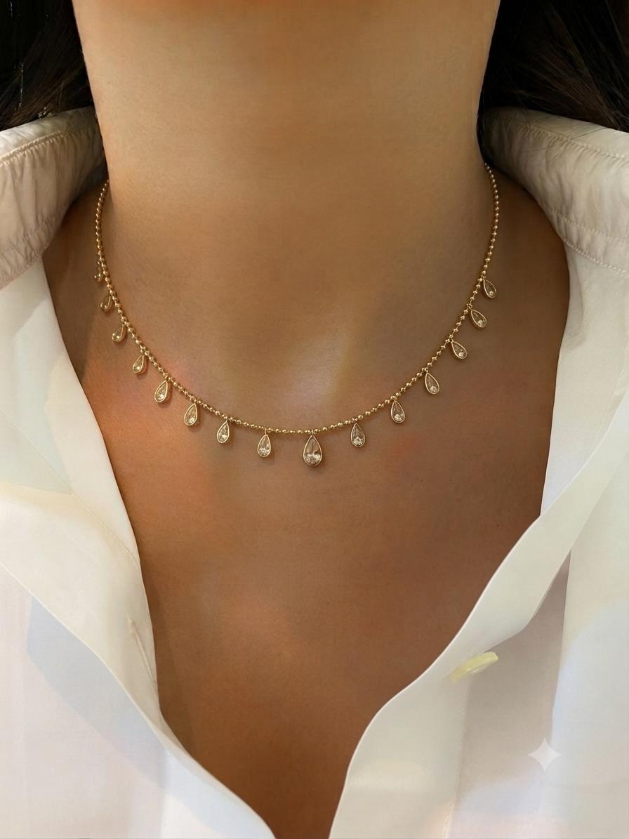 Dainty Gold Beaded Chain Necklace with Teardrop Crystal Charms